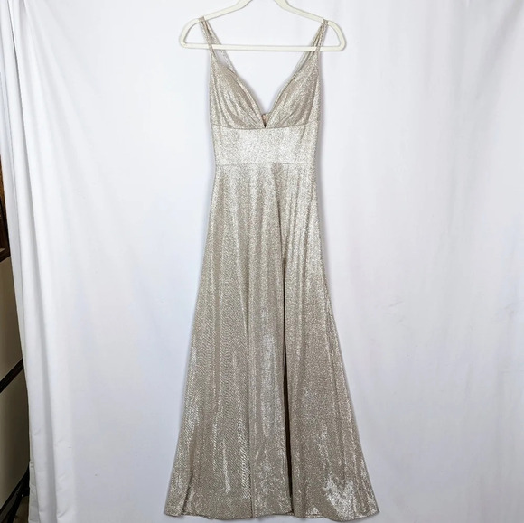 CINDERELLA DIVINE sz.2 Metallic Glitter Evening Formal Dress Champagne High Slit - Picture 8 of 16